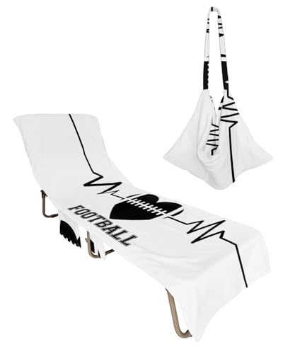 Valentines Football Beach Lounge Chair Towel Cover, Soft Chaise Lounge Towel with Side Pockets Patio Pool Chairs Cover for Beach/Pool Sunbathing 29x85 Black Love Heart