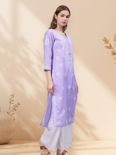 Image of Seva Chikan Hand Embroidered Lucknowi Chikankari Appricoat Peach Terivoil Cotton Kurta for Women SCL4603