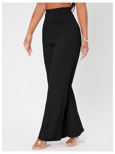 OYOANGLE Women's High Waisted Ribbed Knit Wide Leg Trousers Business Work Casual Dress Pants3