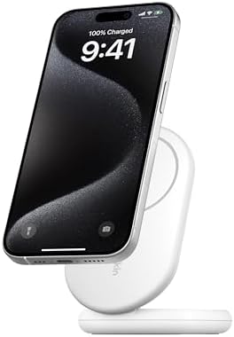 Accessoires PC portable et téléphone 30 Belkin BoostCharge Socle de Recharge pour appareils Qi2 (Chargeur Pliable, Compatible MagSafe, 15 W, pour modèles de l'iPhone 16, 15, 14, 13, Chargeur fonctionnant avec Le Mode Standy, Blanc)