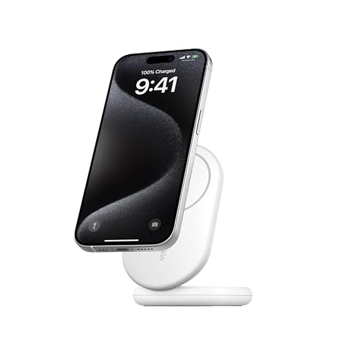 Ya en manzanajugosa.com: Belkin BoostCharge Cargador Inalámbrico con Qi2, Soporte Magnético Plegable 15W, Compatible con MagSafe, Cargador rápido portátil, admite Modo Standby, para iPhone 17, 16, 15, 14 y 13 - Blanco