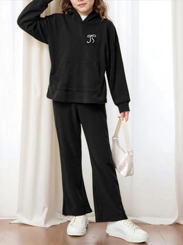 Girls Clothing Set Bow Embroidery Hoodie Pullover Sweatshirt & Split Flare Pants Outfits 2Pcs with Pockets 5-14Y2