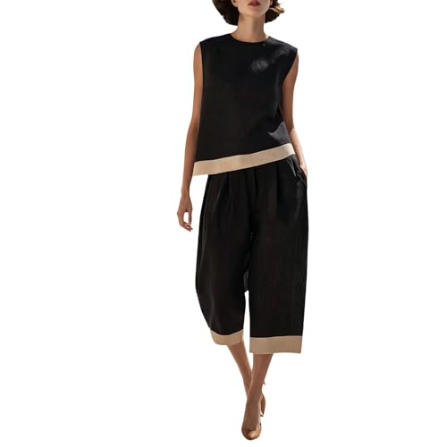 Conjunto de lino para mujer de 2 piezas de camiseta y pantalón ancho bohemio
