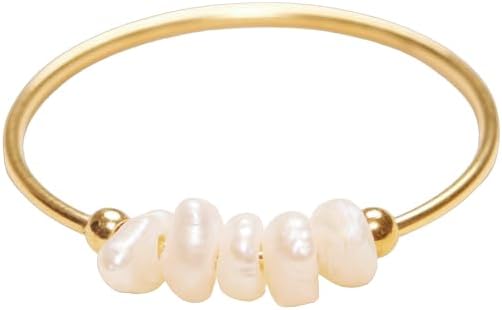 Shapes Studio 18K Gold Plated Mini Freshwater Pearl Band Ring, Gold Rings for Women, Stacking Rings, Gold Wedding Band Minimalist Style