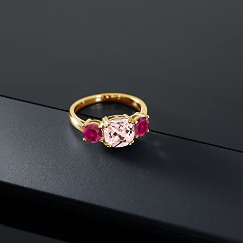18K Yellow Gold Plated Silver Peach Nano Morganite and Red Created Ruby 3 Stone Engagement Ring For Women (4.00 Cttw, Gemstone October Birthstone, Cushion 8MM, Available in Size 5,6,7,8,9)3