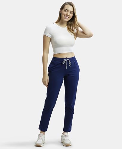Image of Jockey 1305 Women's Super Combed Cotton Rich Relaxed Fit Mid Rise Trackpants with Contrast Side Piping and Pockets
