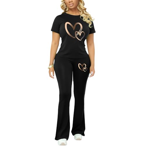 Ulovmi Women'S 2 Piece Outfit Short Sleeve Crew Neck Top Flared Pants Set Slim Fit Casual Tracksuit Lounge Sets Love Pattern Print XXL