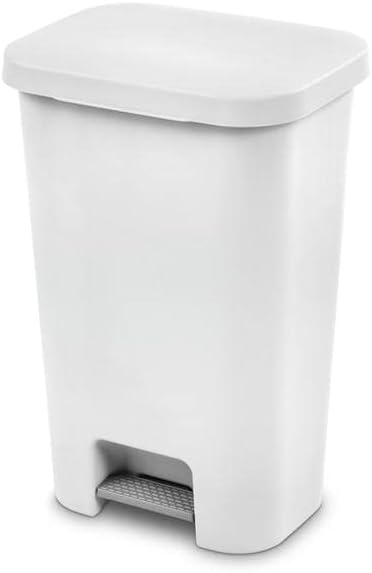 Sterilite Cubo de basura StepOn de 11.9 galones, grande, tapa blanca y base con pedal de titanio y forro