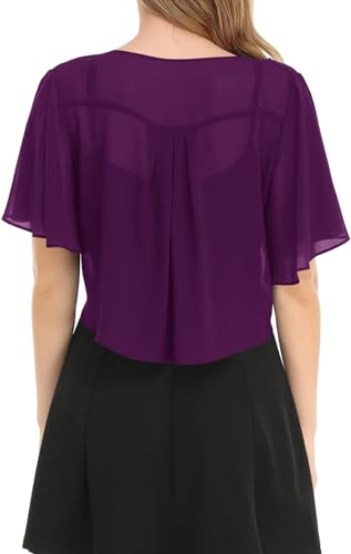 Image of Women's Solid Puff Sleeve Kimono Short Cardigan Loose Cover Up Casual Blouse Top Chiffon