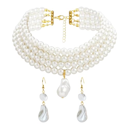CHROMACRAFT - CHROMACRAFT 1 collier de perles multicouches, 1 paire de boucles d'oreilles en perles de forme spéciale, bijoux de perles vintage, bijoux de perles de forme spéciale, collier pour femme Elee