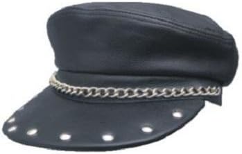 Genuine Solid Leather Black Leather Biker Captain Cap Hat with Studs Annd Chains