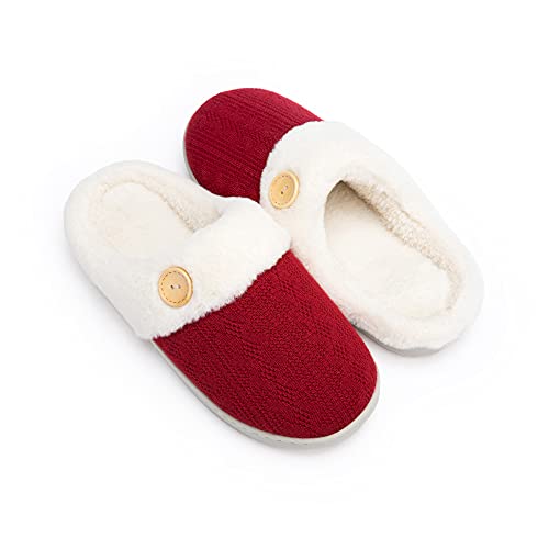 Chantomoo Womens Slipper Warm Comfy Memory Foam House Slippers Knitted Shoes Faux Fur Lined Anti-Skid Rubber Sole Bedroom Cozy Indoor Outdoor Slippers Red Size 9 10 8.5