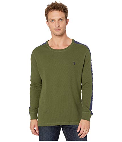 U.S. Polo Assn. Mens Long Sleeve Crew Neck Solid Thermal ShirtSweatshirt, Sleeve Stripe Rifle Green, S