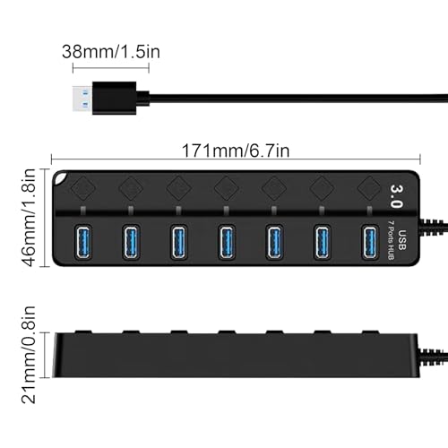 7-Port USB 3.0 Hub with Individual Switches and LED, High-Speed Data Hub Extension for Pc, Laptop, Macbook, Flash Drives, Mobile HDD