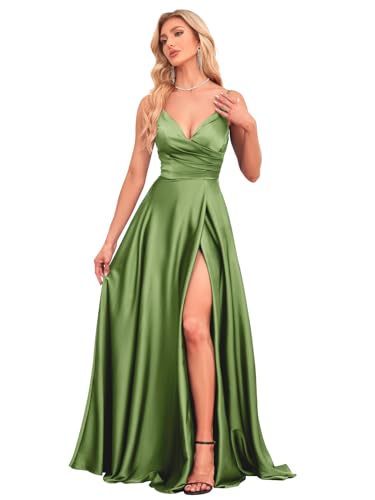 V Neck Satin Prom Dresses with Slit Long A line Formal Bridesmaid Dresses for Women BDL004