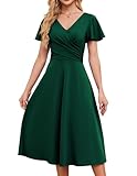 Gardenwed Womens Cocktail Dress V Neck Short Sleeve Ruched A Line Wedding Guest Semi Formal Midi Dresses Dark Green M