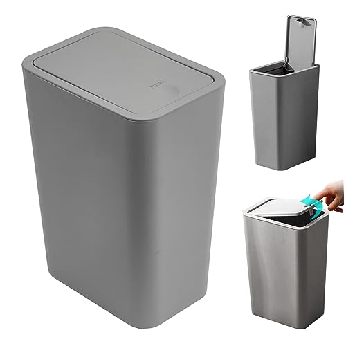 NIDONE 12L Slim Garbage Bin With Pop-Up Lid Waste Basket,Bathroom Small Trash Can With Lid,Trash Can For Bathroom Kitchen Bedroom Powder Room Craft Room Office (Grey 22 * 15.5 * 33Cm)