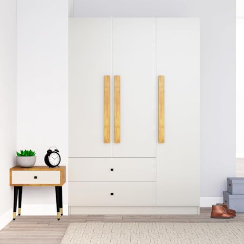 Image of Bniture Wooden Almirah for Clothes, Door for Bedroom, 3 Door Wardrobe with 2 Drawer & Hanging Space (40D x 120W x 180H CM) | 3 Year Warranty (Frosty White)