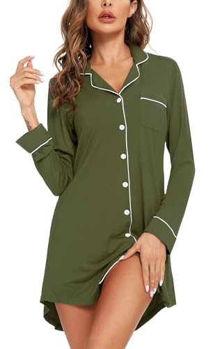 Image of Samring Nightgowns for Women Long Sleeve Button Down Night Gown Sleepshirts | Classic Nightdress,Soft House Dress,Chest Pocket,Loose Boyfriend Style,Sleep,Lounge,Wedding,Maternity&Postpartum,All Seasons