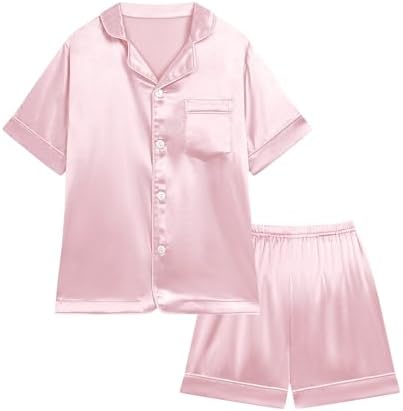 Weixinbuy Pajama Set for Kid Baby Boy Girl Button-up Silk Pajama Sleepwear Nightwear Loungewear Clothes Set Gifts for Kids