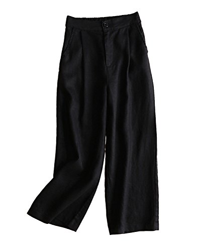 Aeneontrue Daman 100% Leinenhosen mit weitem Bein Capri Hosen Zurück mit Elastischer Taille Feste Hosen für die Arbeit Schwarz M Cover