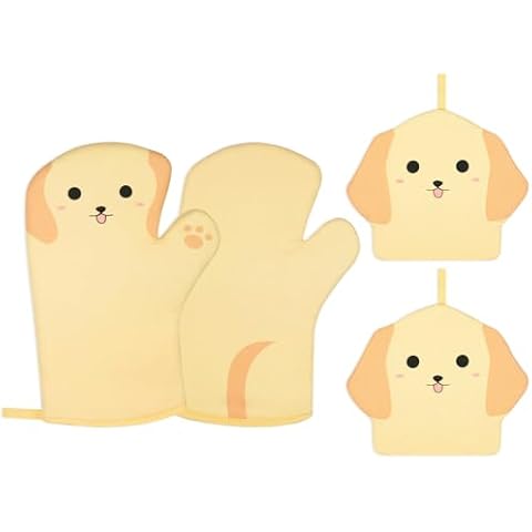 Leokawin Oven Mitts and Pot Holders 4 Pcs Set,Cute Dog Oven Mitts and Potholder, Heat Resistant Long Kitchen Cotton Oven Glove for Cooking Baking,Gifts for Dog Lovers(Yellow) Cover