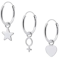 Pendientes Aros Agatha Paris ENTREPLATA Pendientes Plata de Ley 925. Aretes para Mujer Chica Joven Niña. Tres Aros de Plata con Tres Colgantes forma de Corazón Estrella y Simbolo Femenino Feminista Venus