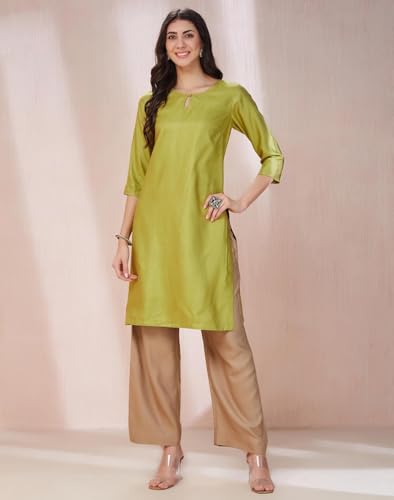Fabindia Women's Viscose Silk Embroidered Regular Kurta (1037236Green_Green