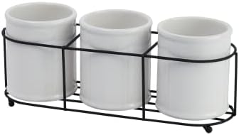 Creative Co-Op Farmhouse Ceramic Crocks in Metal Holder, White and Black