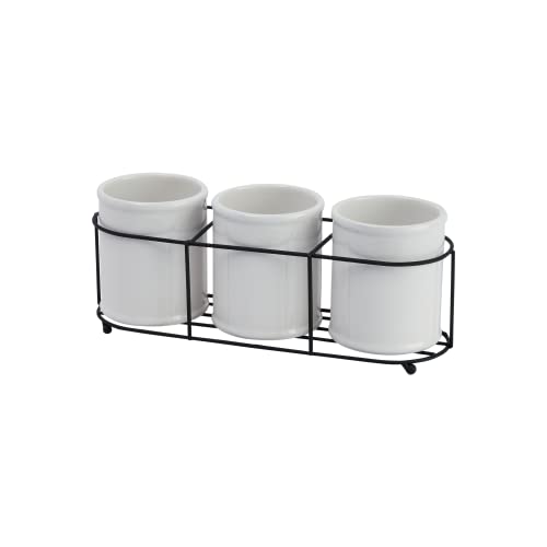 Creative Co-Op Farmhouse Ceramic Crocks In Metal Holder, White And Black #TOP14