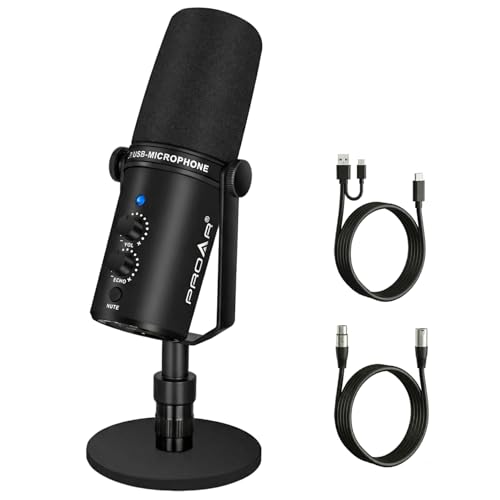 PROAR XLR/USB Dynamic Microphone,PC Computer Microphone for Podcasting,Vocal Recording,Live Streaming,Gaming,Voice-Over,All Metal Professional Studio Mic Kit with Noise Cancelling,USB-C Port