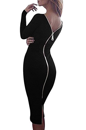 Yming Frauen Rückenfreies Langarm Kleid Sexy Partykleid Reißverschluss Hinten Kleid Schwarz XL/DE 42-44