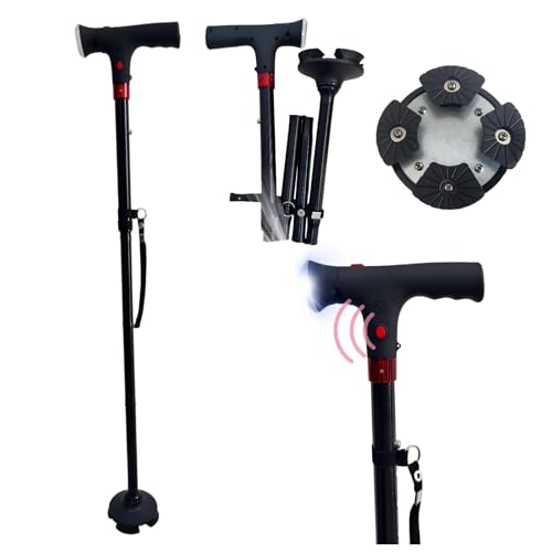 Aisenth Folding Walking Cane with LED Light (Batteries Not Included) Adjustable Foldable Walking Stick for Men & Women 360 Non-Slip Base & Emergency Alarm for Seniors