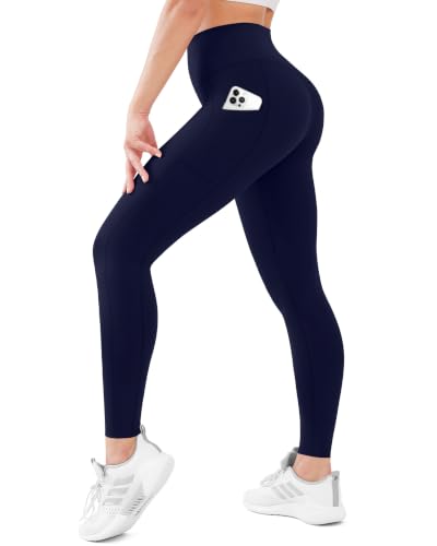 Cheerace High Waisted Pocket Leggings for Women - No See Through Tummy Control Cycling Workout Yoga Pants Reg & Plus Navy Blue