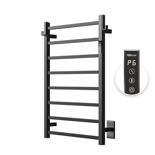 P&Bhusri Heated Towel Rack, 8-Bar Towel Warmer Rack for Bathroom, Wall Mounted Towel Warmer, Electric Towel Drying Rack with Timer, Stainless Steel Matte Black, Plug-in/Hard-Wired