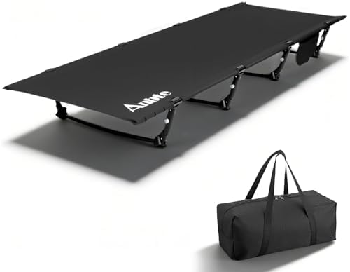 Anbte Ultralight Folding Camping Cot, 275lbs Capacity Portable Camping Cot Comfortable Folding Bed with Storage Bag & Side Pocket, Lightweight, for Outdoor Travel Tent Indoor Emergency Bed, Black
