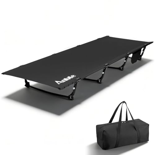 Anbte Ultralight Folding Camping Cot, Comfortable Portable Camping Cot Supports 275 lbs with Storage Bag & Side Pocket, Lightweight Folding Bed for Outdoor Travel Tent Indoor Emergency Bed, Black