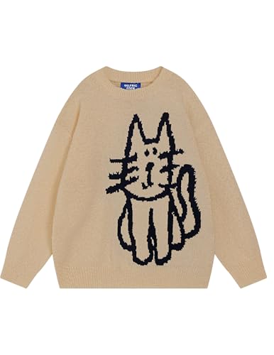 Aelfric Eden Women's Pullover Sweater Hand Drawn Cat Graphic Printed Oversized Sweater Fall Winter Fashion Couple Tops Khaki Meidum - image 1
