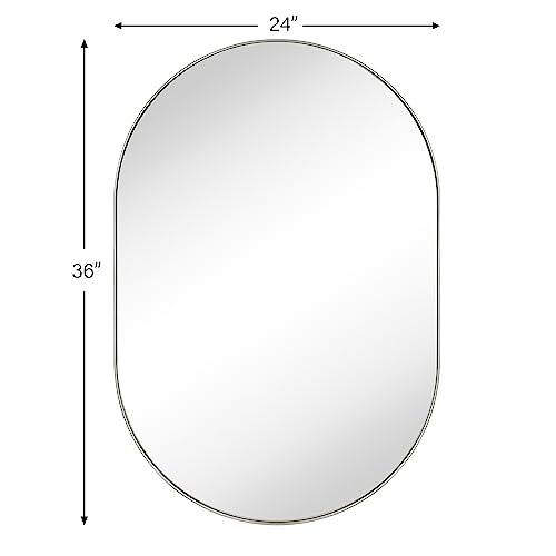 Image of TEHOME Brushed Nickel 24x36'' Oval Mirror Brushed Silver Capsule Pill Shaped Bathroom Vanity Mirror 36 x 24 inch Nickel Oblong Metal Framed Mirror in Stainless Steel