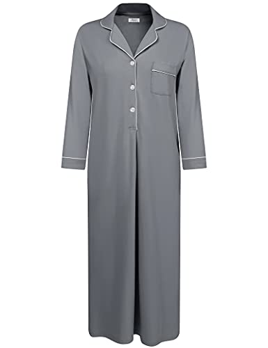 Joyaria Chemise de nuit/robe de nuit en coton à manches longues doux pleine longueur avec boutonnière longues chemises de nuit avec poches, Gris foncé., S Cover
