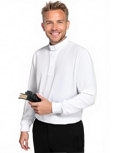 ANDHOM Camisa polo de manga larga para hombre, con cuello de pestaña, para pastor, ministro, predicador, camiseta de sacerdote, blanco, M