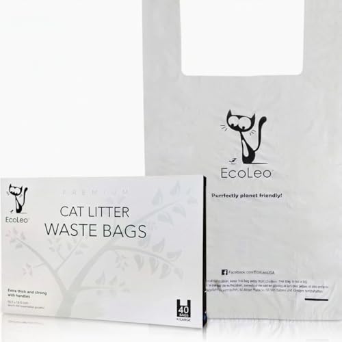 Image of Cat Litter Waste Poop Bags - XL, Cornstarch, Thick Pet /Dog Poo Bags with Easy-Tie Handles,10.5 x 18.5 inch, White, EcoLeo