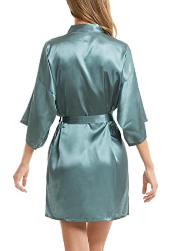 Vlazom Women's Kimono Robes Short Satin Bathrobe Solid Bridal Party Robe With Oblique V-Neck #TOP3