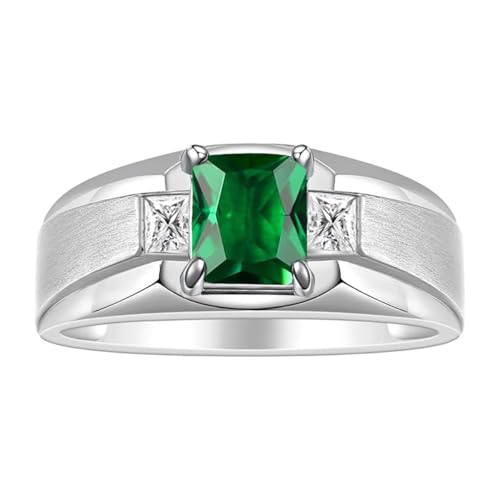 Lvoryance Emerald Cut Lab Grown Emerald Wedding Band Man Ring 925 Sterling Silver Green Emerald with Moissanite Thumb Pinky Engagement Ring for Man Gifts