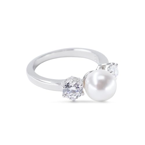 Swarovski Matrix Cocktailring, Weißer, Rhodinierter Ring mit Kristallperle und Strahlenden Kristallen im Rundschliff – Ansicht 1