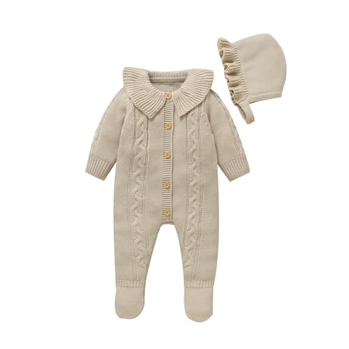 Image of Hadetoto Newborn Baby Sweater Romper Knit Outfits Long Sleeve Jumpsuit with Warm Hat for Infant Boy Girl
