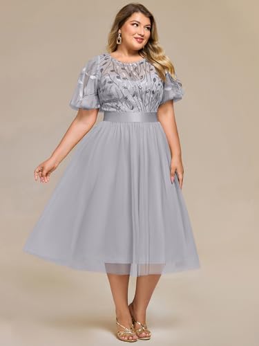 Image of Ever-Pretty Plus Women's Round Neck Embroidery Short Sleeves Sequin Tulle Midi Plus Size Cocktail Wedding Guest Dresses Grey US22