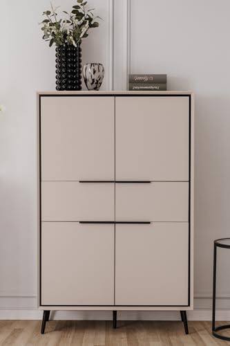 möbelando Highboard >Arona< 4 Türen, 2 Schubladen, 4 Böden, in Sand/Schwarz - 90x140x38cm (BxHxT)