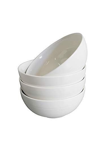 Kota Japan Tableware - Elegant 75 Inch Premium Embossed Fine China Porcelain Ceramic 20 oz Bowl for Soup Rice Salad Pho Pasta Snacks or Fruit Quality Set of 4 for Breakfast Lunch and Dinner