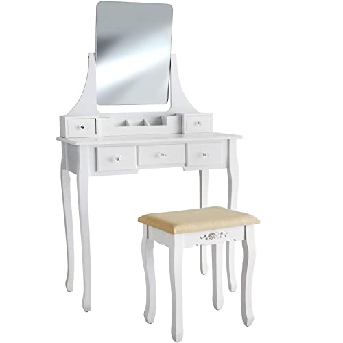 TecTake 403636 Tocador, Mesa con Espejo y Taburete, Aparador para cosméticos, Cómoda, Tocadora de Maquillaje